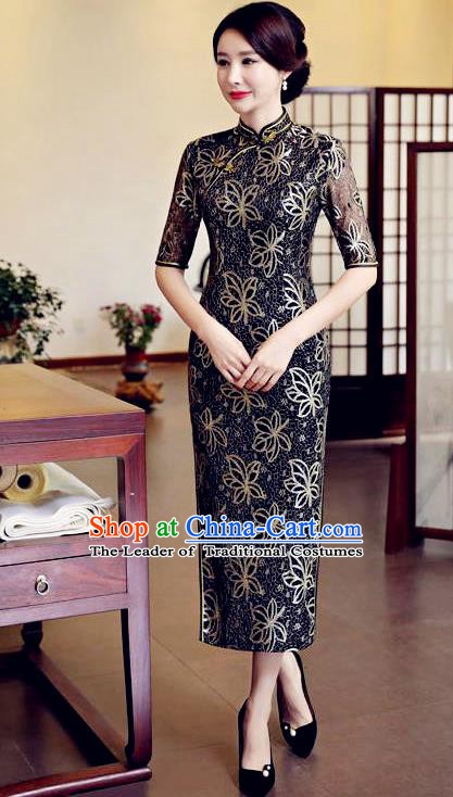 Top Grade Chinese Traditional Black Qipao Dress National Costume Tang Suit Mandarin Cheongsam for Women