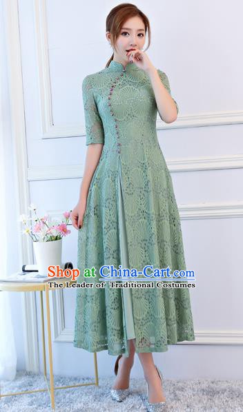 Top Grade Chinese Traditional Green Lace Qipao Dress National Costume Tang Suit Mandarin Cheongsam for Women