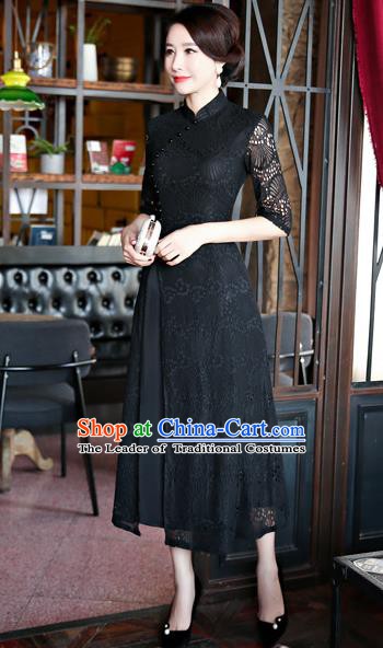 Top Grade Chinese Traditional Black Lace Qipao Dress National Costume Tang Suit Mandarin Cheongsam for Women