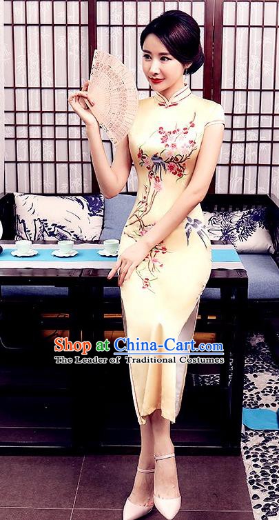 Chinese Traditional Tang Suit Qipao Dress National Costume Printing Birds Yellow Mandarin Cheongsam for Women