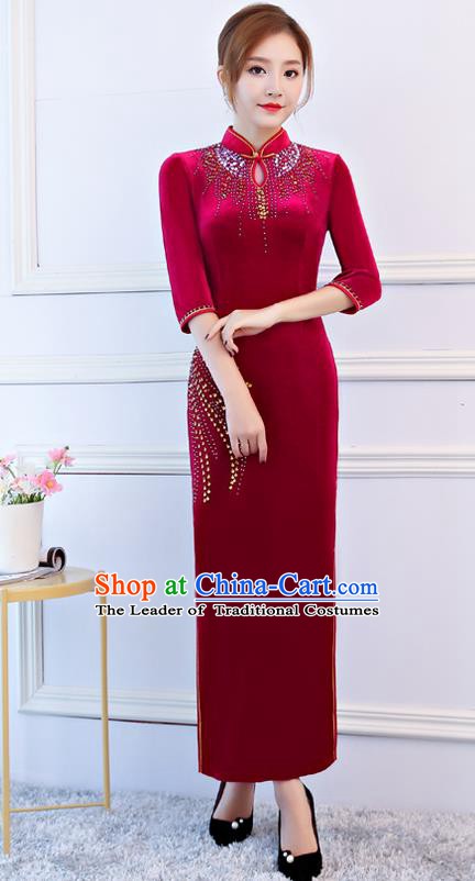 Top Grade Chinese Traditional Red Velvet Qipao Dress National Costume Tang Suit Mandarin Cheongsam for Women