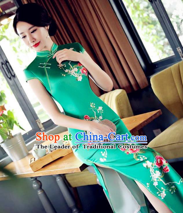 Top Grade Chinese Traditional Printing Flowers Qipao Dress National Costume Tang Suit Green Silk Mandarin Cheongsam for Women
