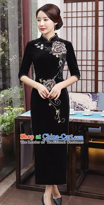 Top Grade Chinese Traditional Qipao Dress National Costume Black Velvet Mandarin Cheongsam for Women