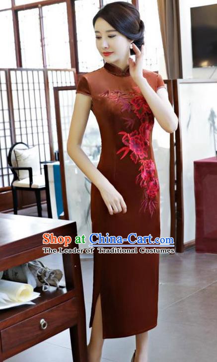 Top Grade Chinese Embroidered Qipao Dress National Costume Traditional Brown Velvet Mandarin Cheongsam for Women