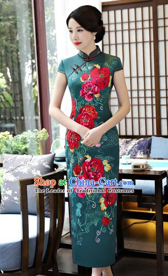 Top Grade Chinese Printing Green Silk Qipao Dress National Costume Traditional Mandarin Cheongsam for Women