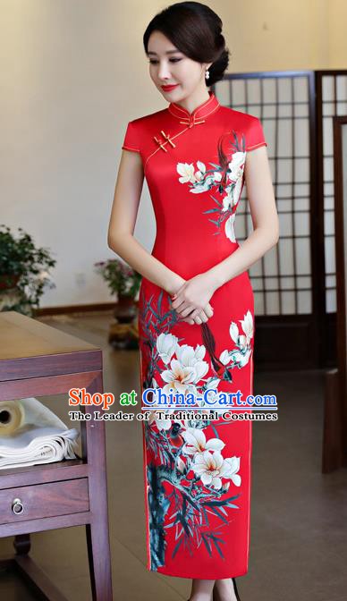 Top Grade Chinese Printing Pear Blossom Qipao Dress National Costume Traditional Red Silk Mandarin Cheongsam for Women