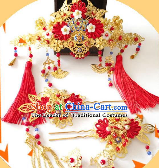 Traditional Chinese Ancient Wedding Hair Accessories Xiuhe Suit Hairpins Tassel Phoenix Coronet for Women