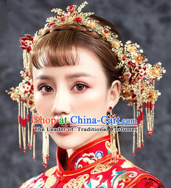Traditional Chinese Ancient Bride Hair Accessories Xiuhe Suit Wedding Phoenix Coronet Hairpins Complete Set for Women