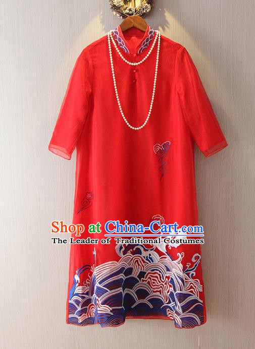 Chinese Traditional National Cheongsam Tangsuit Embroidered Red Qipao Dress for Women