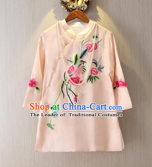 Chinese Traditional National Cheongsam Blouse Costume Embroidered Peony Tangsuit Pink Shirts for Women
