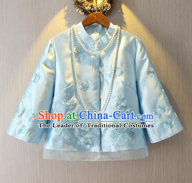 Chinese Traditional National Costume Cheongsam Coats Tangsuit Qipao Blue Jacket for Women