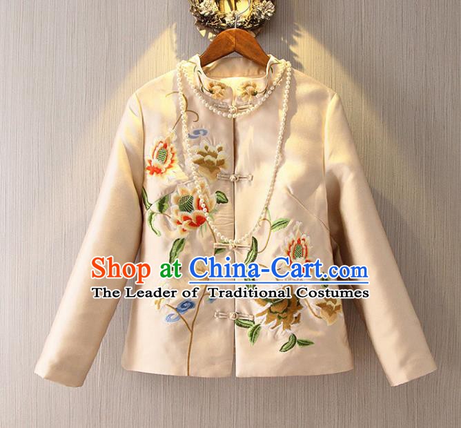 Chinese Traditional National Costume Cheongsam Coats Tangsuit Qipao Beige Jacket for Women