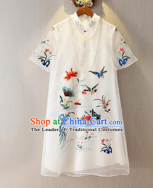 Chinese Traditional National Costume White Cheongsam Tangsuit Embroidered Mandarin Duck Dress for Women