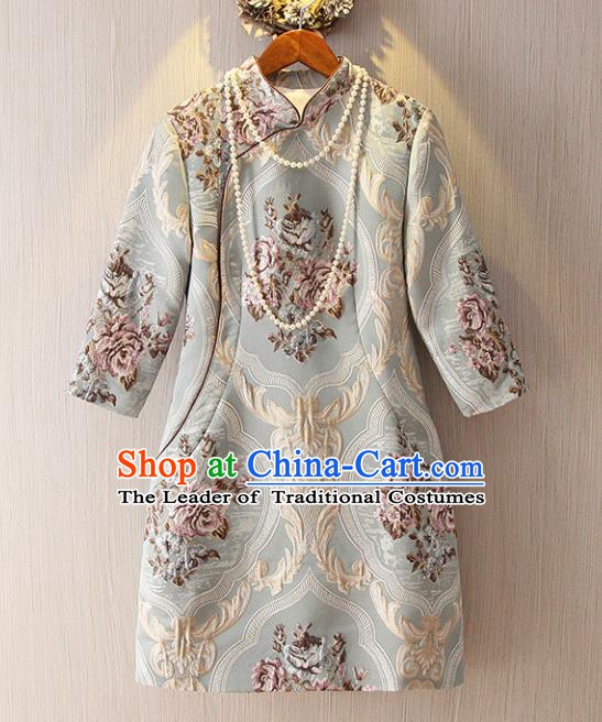 Chinese Traditional National Costume Stand Collar Cheongsam Tangsuit Embroidered Qipao Dress for Women