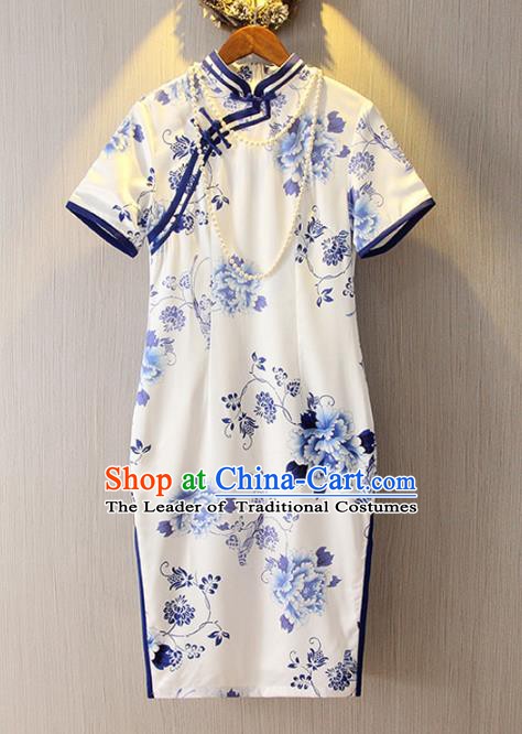 Chinese Traditional National Costume Blue and White Porcelain Cheongsam Qipao Dress for Women