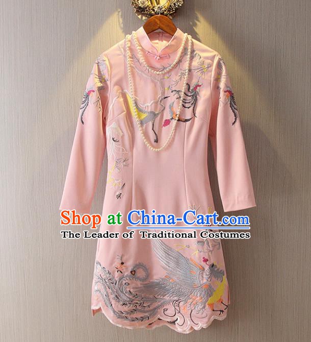 Chinese Traditional National Costume Stand Collar Pink Cheongsam Tangsuit Embroidered Qipao Dress for Women