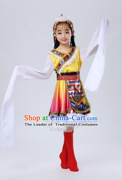 Traditional Chinese Mongol Nationality Dance Costume, Mongols Children Folk Dance Ethnic Pleated Skirt for Kids