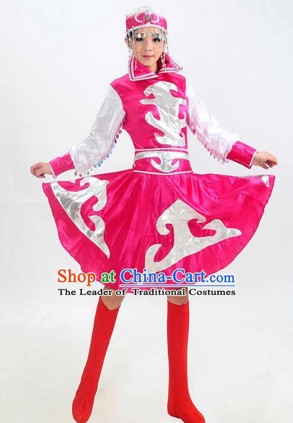 Traditional Chinese Mongol Nationality Dance Costume, Mongols Folk Dance Red Dress for Women