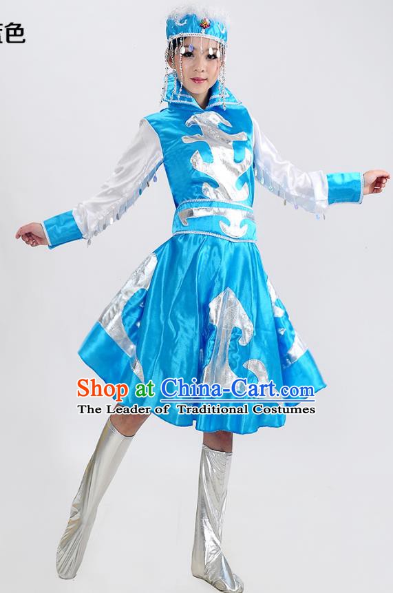 Traditional Chinese Mongol Nationality Dance Costume, Mongols Folk Dance Blue Dress for Women