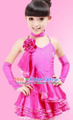 Top Grade Children Stage Performance Costume, Professional Latin Dance Rosy Dress for Kids