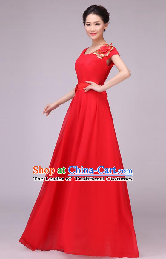 Traditional Chinese Modern Dance Compere Costume, Chorus Singing Group Dance Red Dress for Women