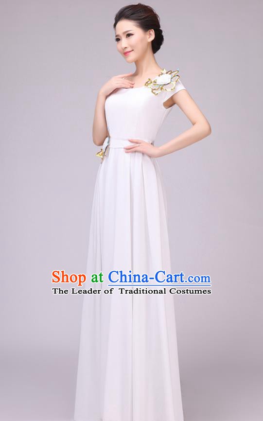 Traditional Chinese Modern Dance Compere Costume, Chorus Singing Group Dance White Dress for Women