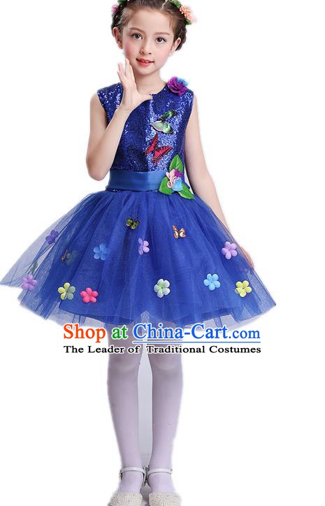 Top Grade Children Modern Dance Costume, Professional Chorus Sing Group Blue Dress for Kids