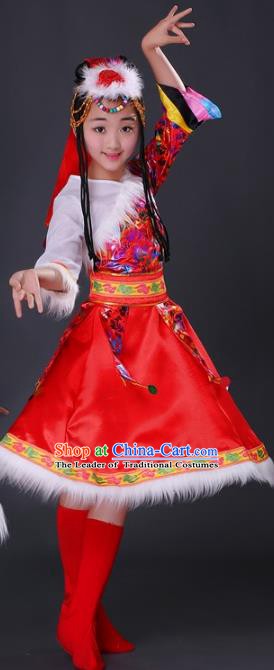 Traditional Chinese Zang Nationality Dance Costume, Chinese Folk Dance Ethnic Clothing Tibetan Minority Red Dress for Women