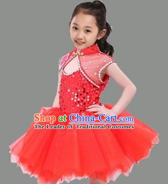 Top Grade Stage Performance Children Compere Costume, Professional Chorus Singing Red Bubble Dress for Kids