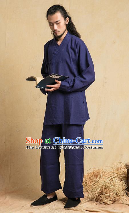 Top Grade Kung Fu Costume Martial Arts Training Navy Linen Suits Gongfu Wushu Tang Suit Clothing for Men