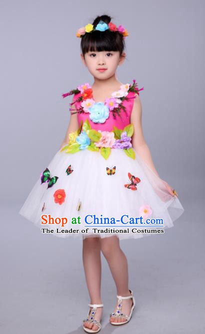 Top Grade Stage Performance Flowers Dance Costume, Professional Modern Dance Rosy Dress for Kids
