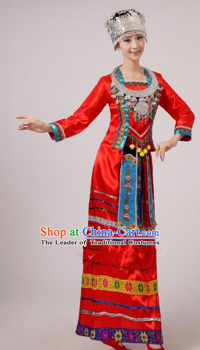 Traditional Chinese Ethnic Costume Red Dress Chinese Miao Minority Nationality Dance Clothing for Women