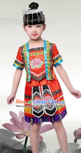 Traditional Chinese Ethnic Costume Red Dress Chinese Miao Minority Nationality Dance Clothing for Kids