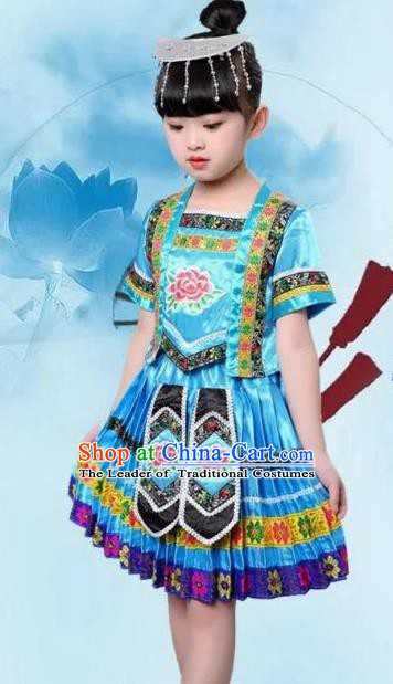 Traditional Chinese Ethnic Costume Blue Dress Chinese Miao Minority Nationality Dance Clothing for Kids