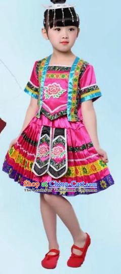 Traditional Chinese Ethnic Costume Pink Dress Chinese Miao Minority Nationality Dance Clothing for Kids
