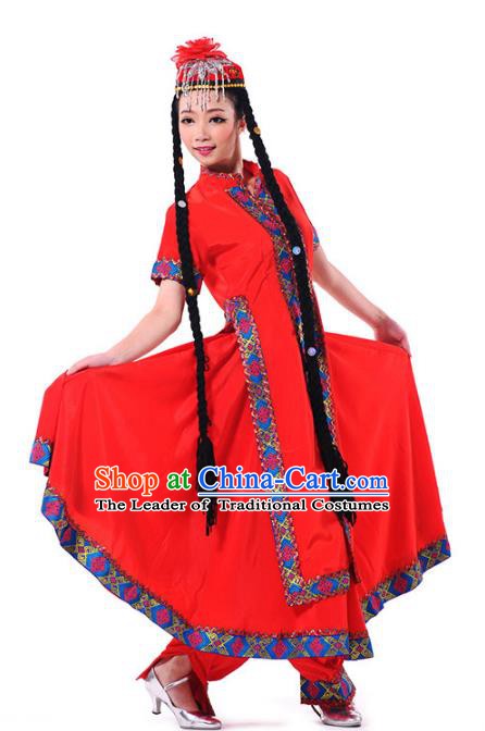 Traditional Chinese Uyghur Ethnic Nationality Dance Costume Red Dress, Chinese Uigurian Minority Dance Costume for Women