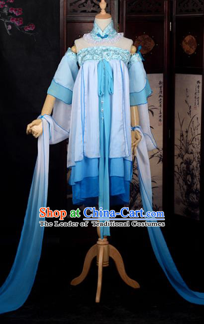 Chinese Ancient Young Lady Costume Cosplay Swordswoman Blue Dress Hanfu Clothing for Women
