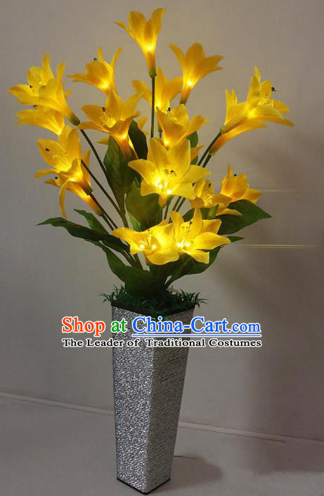 Traditional Handmade Chinese Yellow Lily Flowers Lanterns Electric LED Lights Lamps Desk Lamp Decoration