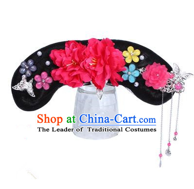 Chinese Ancient Manchu Princess Hair Accessories Wig and Red Peony Hairpins Traditional Qing Dynasty Palace Lady Headwear for Kids
