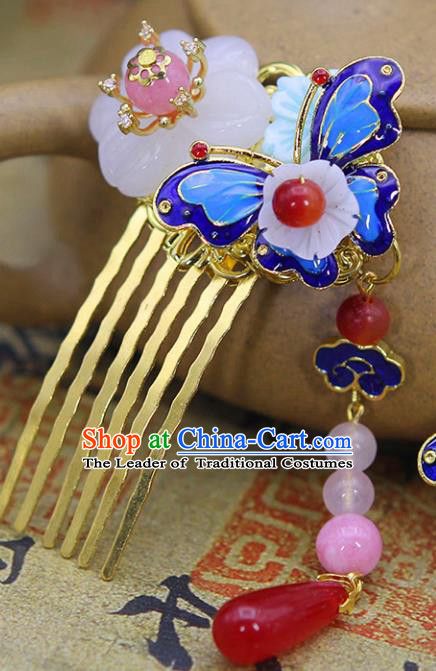 Chinese Ancient Hair Accessories Hanfu Hairpins Blueing Butterfly Hair Comb Traditional Palace Headwear for Women