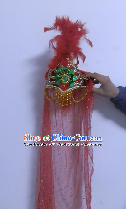 Chinese Traditional Folk Dance Hair Accessories Uyghur Nationality Dance Headwear Red Feather Hats for Women