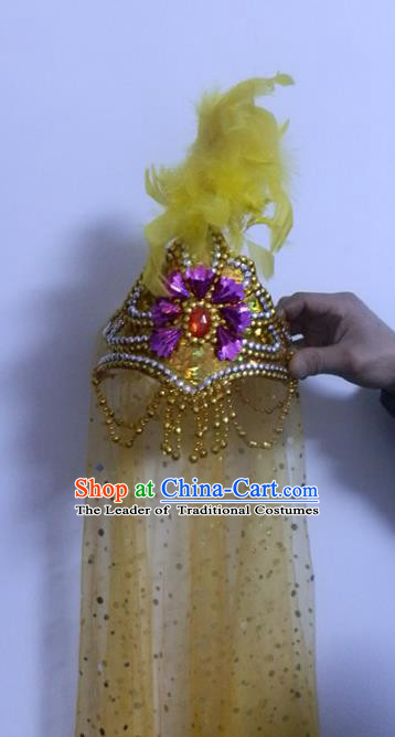 Chinese Traditional Folk Dance Hair Accessories Uyghur Nationality Dance Headwear Yellow Feather Hats for Women