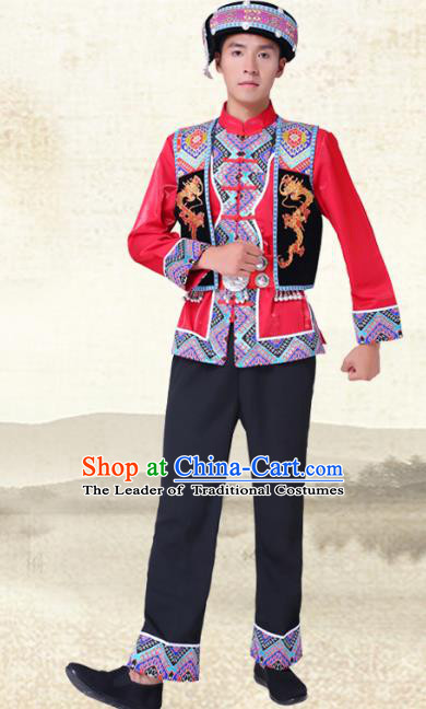 Traditional Chinese National Minority Red Costumes and Headwear Tujia Ethnic Minority Embroidery Clothing for Men