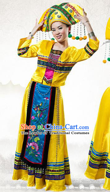 Traditional Chinese Zhuang Nationality Dance Costume, China Zhuangzu Ethnic Minority Clothing and Headdress for Women