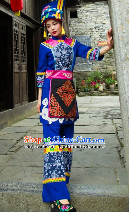 Traditional Chinese Qiang Nationality Embroidered Costume, China Ethnic Minority Dance Blue Clothing and Headdress for Women