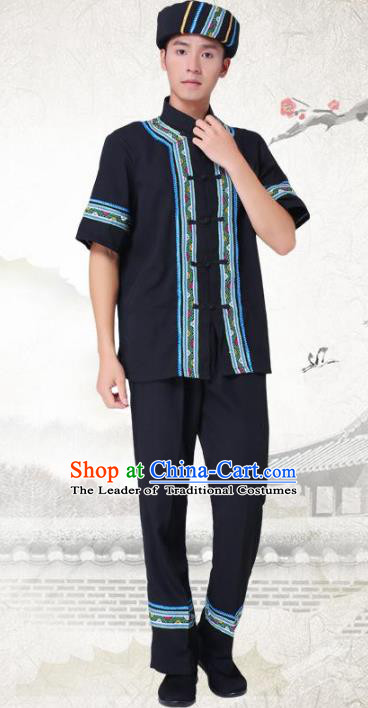 Traditional Chinese Tujia National Minority Costumes, China Blang Ethnic Minority Embroidery Clothing for Men