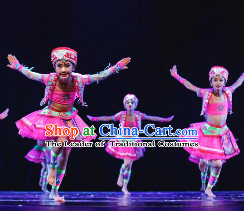 Traditional Chinese Miao Minority Folk Dance Costume, Children Classical Dance Ethnic Dress Clothing for Kids