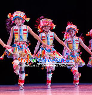 Chinese Traditional Folk Dance Ethnic Costume, Children Bai National Minority Classical Dance Clothing for Kids