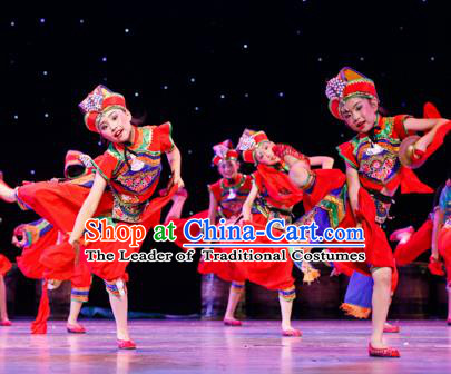 Chinese Traditional Folk Cymbals Dance Ethnic Costume, Children National Minority Classical Dance Clothing for Kids