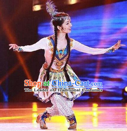 Traditional Chinese Uyghur Nationality Folk Dance Embroidered Costume, China Ethnic Minority Dance Clothing for Women